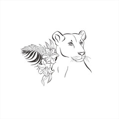 Lioness with lily flowers on white background.