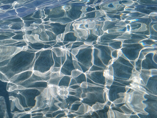 Crystal clear blue water of the Mediterranean Sea on the beach of Fig Tree Bay, white sand is visible at the bottom. Water background.
