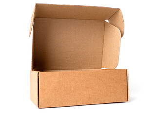 Empty rectangular cardboard box with open lid. Isolated on a white background