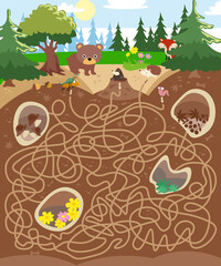 Maze game, activity for children. Vector illustration. Walk along the paths. Forest animals, life underground. Burrows and tunnels.