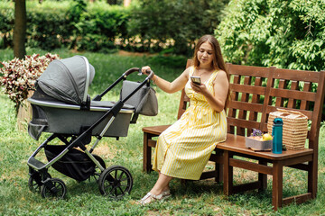 Apps for mom. Young mother with newborn baby in stroller using mobile app. Mother with smartphone walking with newborn baby in stroller in summer park