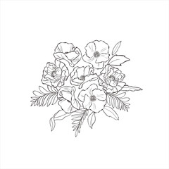 Bouquet with poppy flowers and leaves.