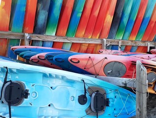 Group of colorful kayaks stacked both vertically and horizontally - 506697984