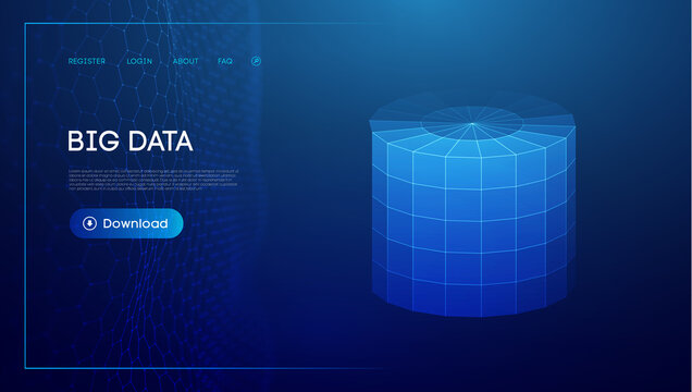 Bid Data Blue Background. Wireframe Cylinder Vector. Network Connection.