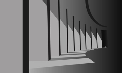 An abstract building with light streaming in between the columns vector color icon. Beams of light. Concrete. Smooth dimming. cylindrical tunnel. 3d, colored picture for: decorate, web design. EPS 10