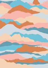 Mountains Minimal Landscape vector background. Abstract geometric poster. Colorful pastel graphic endless nature pattern