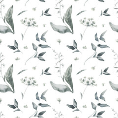 Watercolor Seamless Pattern Background with Leaves and Umbrella Flower on White Background.