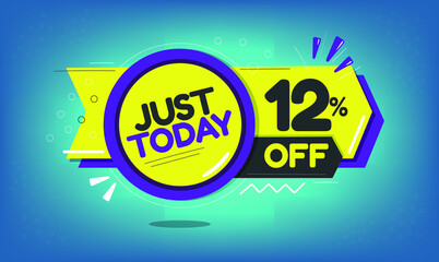 Just today, 12% discount just today, twelve percent, promotion sales and marketing, discount tag and icon