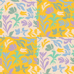 Abstract botanical check seamless repeat pattern. Random placed, vector flowers and branches on squares dessin all over print.