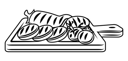 Bbq illustration with grill objects and icons. Stylized kitchen and restaurant items.