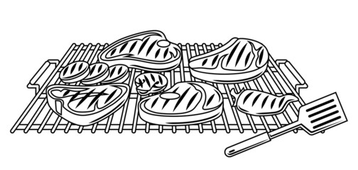 Bbq illustration with grill objects and icons. Stylized kitchen and restaurant items.
