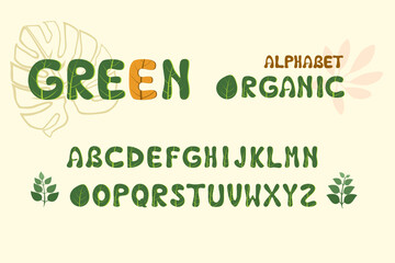 Green leaf alphabet hand drawn capital letters ,  natural organic bio ecology design with leaves elements.