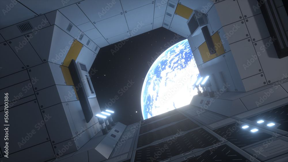 Wall mural spaceship corridor. interior of a futuristic spaceship. view of the earth. 3d rendering