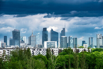 Warsaw city panorama 2022, dark clouds over Warsaw Poland
