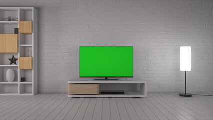 TV with blank green screen in modern home interior in living room. Modern living room with television. 3d rendering