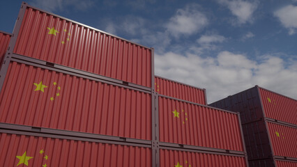 China flag containers are located at the container terminal. China export or import concept. 3d rendering
