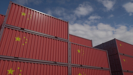 Fototapeta premium China flag containers are located at the container terminal. China export or import concept. 3d rendering