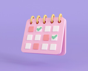 3d calendar time management symbol. workflow work planning concept. 3d render illustration cartoon minimal style. check marker on calendar. schedule deadline icon. isolated on purple background.