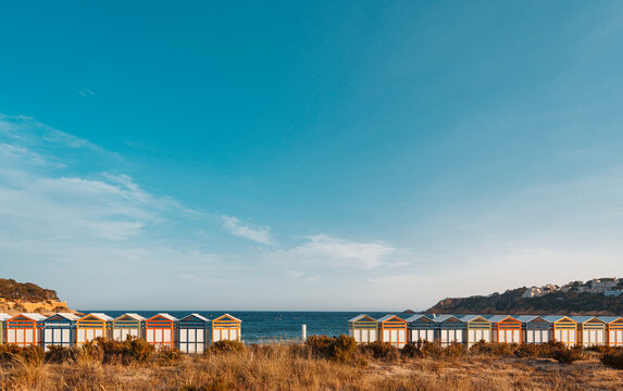 Famous beach huts in Sagaro with Playa de Sant Pol, Costa Brava. Spain. Mediterranean Sea