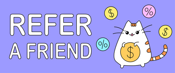 Refer a friend. Referral Program Illustration, Get Rewards by Inviting People to Join something. Bonus reward program. Encourage loyal customers. Refer and earn