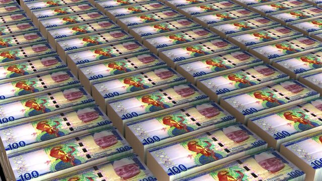 3D Animation of Gambia 100 Dalasi Banknotes Money Stack on White Background