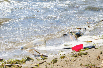 Fototapeta na wymiar Garbage thrown out by waves beach, pollution of environment of human activity.