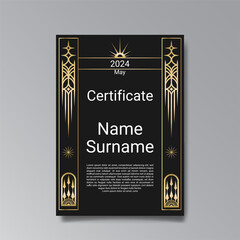 Art Deco A4 page template, retro style for web and print, city and the lights pattern with golden lines. Modern design for menu or flyer,