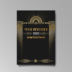 Art Deco luxury template golden black, A4 page, menu, card, invitation, Sun and city lights i