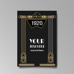 Art Deco A4 page template, retro style for web and print, city and the lights pattern with golden lines.