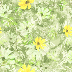 Watercolor seamless pattern, background with a floral pattern. Watercolor background, drawing with autumn with forest flowers, leaves, plants, berries branch. Floral background. chamomile, calendula