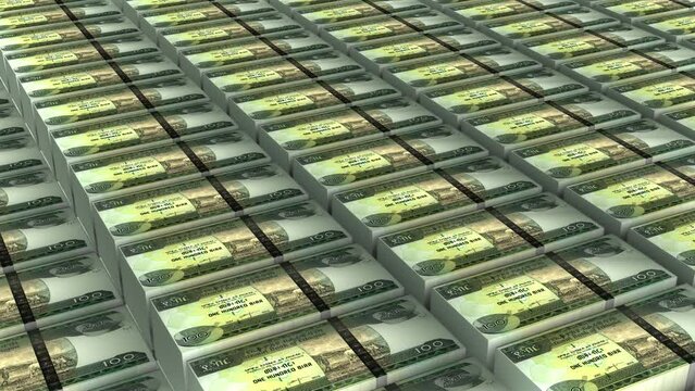 3D Animation of Ethiopia 100 Birr Banknotes Money Stack on White Background