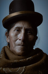 Studio portrait of an elderly woman wearing traditional costume.
