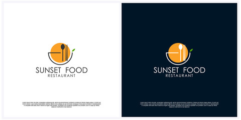 Sunset Sunrise with mug, Spoon and Fork for Food Restaurant Logo Design VectorPrint
