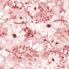Watercolor seamless pattern, background with a floral pattern. Watercolor background, drawing with autumn with forest flowers, leaves, plants, berries branch. Floral background. chamomile, calendula