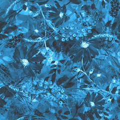 Watercolor seamless pattern, background with a floral pattern. Watercolor background, drawing with autumn with forest flowers, leaves, plants, berries branch. Floral background. chamomile, calendula