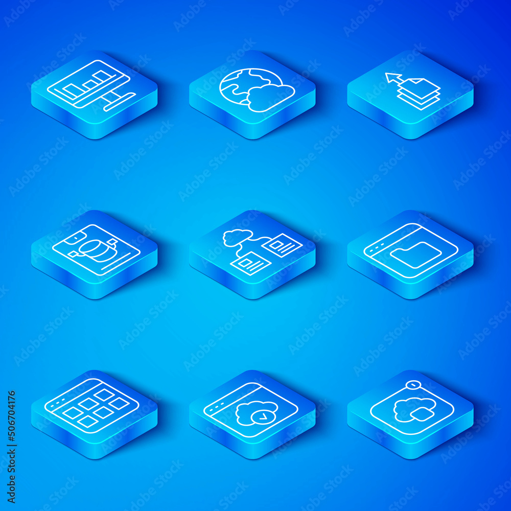 Aufkleber set line browser files, cloud technology data transfer, data export, server, data, web hosting, moni