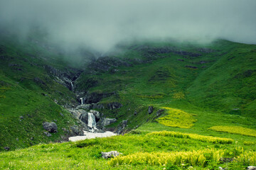 Fototapeta premium Beautiful waterfall in valley of flower, Uttarakhand, India The Valley of Flowers is nestled in the upper expanses of Bhyundar Ganga near Joshimath in Garhwal region.