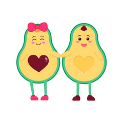 Cute avocado characters. Kawaii style. Couple in love.