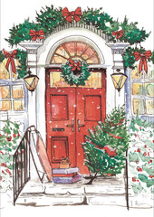 Fototapeta na wymiar Watercolor hand drawn illustration Christmas wreath on a door, Christmas decorated house