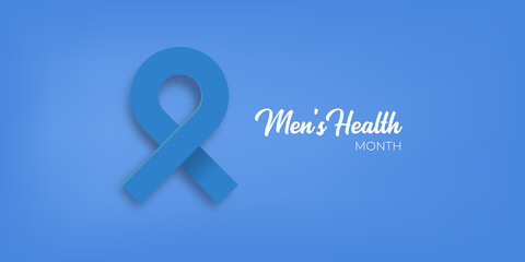 Mens health month concept horizontal banner design template with blue ribbon and text isolated on blue background. June is national mens health awareness month vector flyer or poster