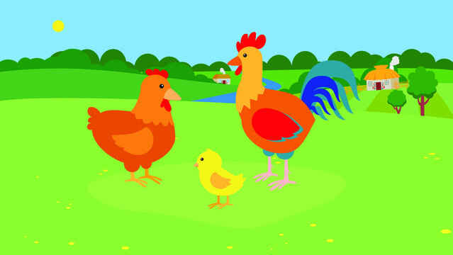 Rooster, hen and chick in the garden