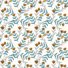 Vector seamless pattern with doodle hand drawn flowers. Beautiful stylised nature background. Boho seamless texture for textile, wallpaper, scrapbooking and wrapping paper.