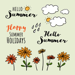 Summer doodle icon set. Phrases, flowers, clouds and sun.