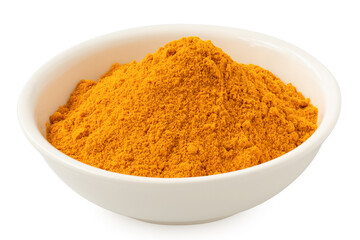Ground turmeric in white ceramic bowl.