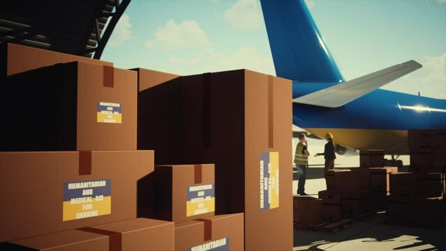 Large cardboard boxes with the inscription humanitarian and medical assistance for Ukraine. In the background is an airplane and workers.