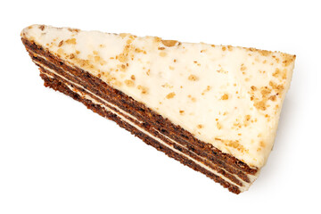 Slice of carrot cake with cream cheese filling and frosting from above.