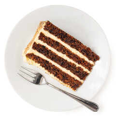 Slice of carrot cake with cream cheese filling and frosting on white plate with fork from above.