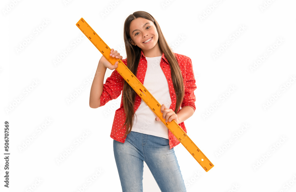 Poster happy kid hold ruler study trigonometry at school isolated on white, school