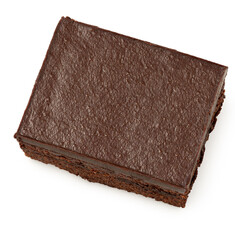 Chocolate cake square with chocolate icing isolated on white from above.