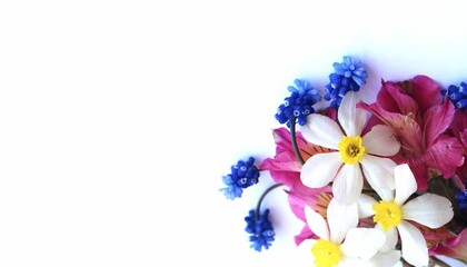 Obraz na płótnie Canvas White daffodils, crimson alstroemeria and blue muscari flowers on a white background. Spring flower arrangement. Background for a greeting card.